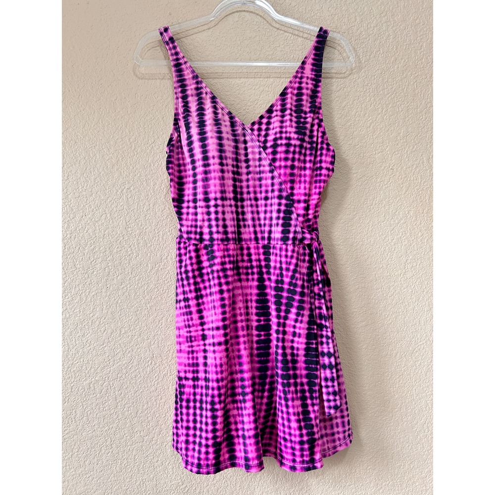 D&Co. Beach 10 Swim Dress Pink Black Tie Dye Dot Wrap V-Neck Modest Summer - Picture 1 of 12